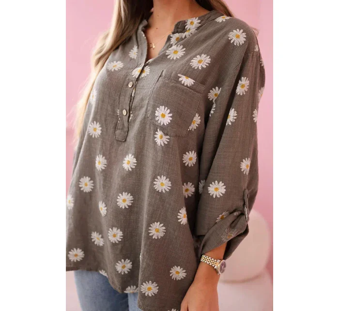 model 21911602 dámská halenka s květinovým vzorem, dlouhými rukávy a knoflíky khaki - K-Fashion