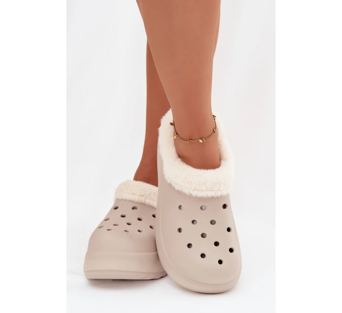 Dámské pěnové pantofle zateplené kožíškem – khaki Palvine