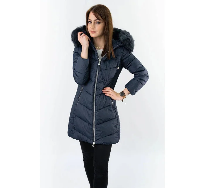 Tmavě modrá dlouhá dámská prošívaná zimní bunda (7689)