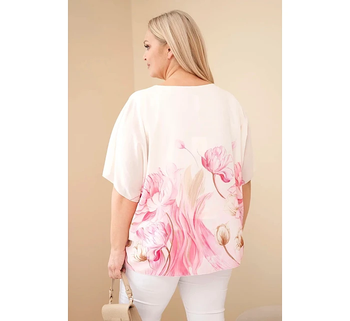 Dámská halenka Plus Size s květinovým potiskem a volným rukávem růžová