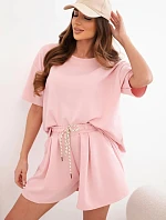 Dámský viskózový maslový komplet s krátkým rukávem a kraťasy s vysokým pasem pudrově růžový
