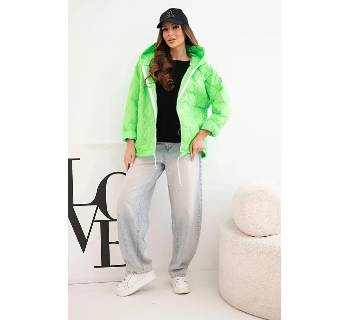 Dámská jarní prošívaná bunda s kapucí a zipem zelený neon