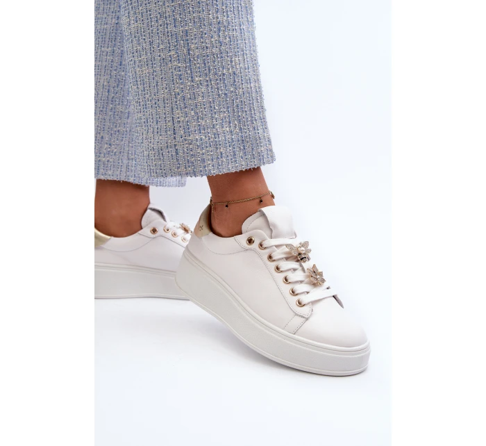 Dámské kožené tenisky na platformě s ozdobnými knoflíčky D&A SN67 Bílé