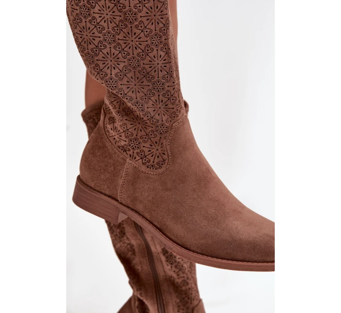 Dámské prolamované kozačky na plochém podpatku S.Barski – hnědé