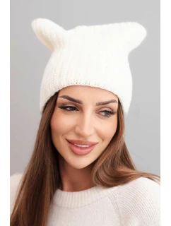 Dámská zimní čepice s vlnou v kočičím střihu z žebrovaného úpletu K419 ecru