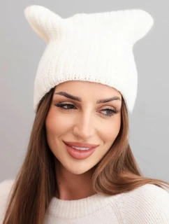 Dámská zimní čepice s vlnou v kočičím střihu z žebrovaného úpletu K419 ecru