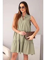 Dámské bavlněné košilové šaty bez rukávů s knoflíky khaki