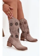 Semišové kožené dámské kozačky s vzorem  Cappuccino model 21713265 - Zazoo