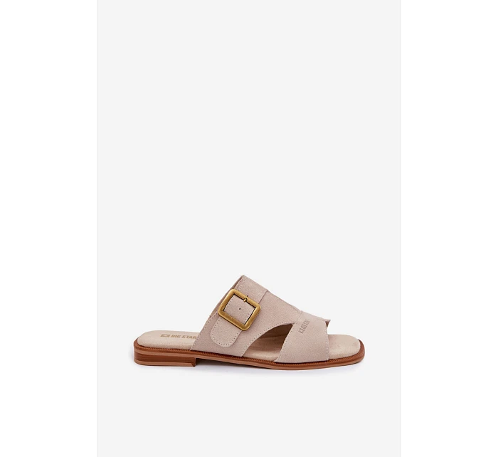 Semišové dámské nazouváky na plochém podpatku s přezkou Big Star TT274476 Béžové