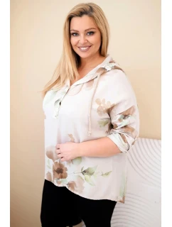 Dámská blůza Plus Size z viskózy s kapucí a květinovým vzorem béžová