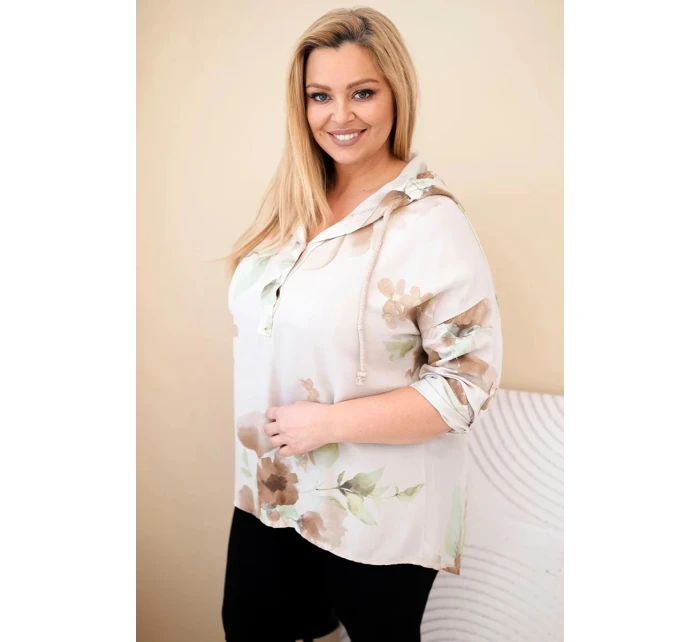 Dámská blůza Plus Size z viskózy s kapucí a květinovým vzorem béžová