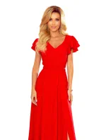 310-2 LIDIA dlouhé šaty s výstřihem a volánky - ČERVENÉ