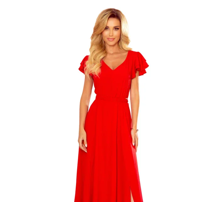 310-2 LIDIA dlouhé šaty s výstřihem a volánky - ČERVENÉ