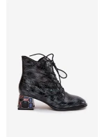 Dámské lakované boty Artiker – šedé, z přírodní kůže, na podpatku s krystalky Dámské lakované boty Artiker – šedé, z přírodní kůže, na podpatku s krystalky