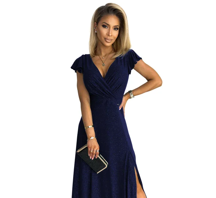 411-3 CRYSTAL třpytivé dlouhé šaty s výstřihem - ZELENÉ