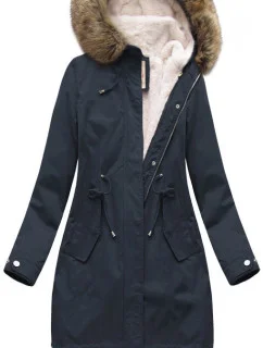 Tmavě modrá dámská zimní bunda parka s kapucí a odepínací kožešinovou podšívkou model 21242084 - Libland
