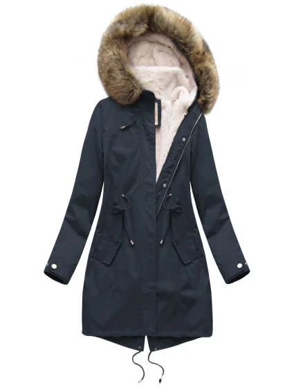 Tmavě modrá dámská zimní bunda parka s kapucí a odepínací kožešinovou podšívkou model 21242084 - Libland