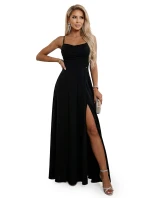 589-5 Maxi šaty bez ramínek s korzetovým zavazováním na zádech a rozparkem - černé