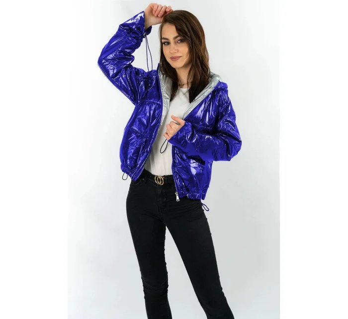 Světle modrá lesklá prošívaná dámská bunda s kapucí (B9560)