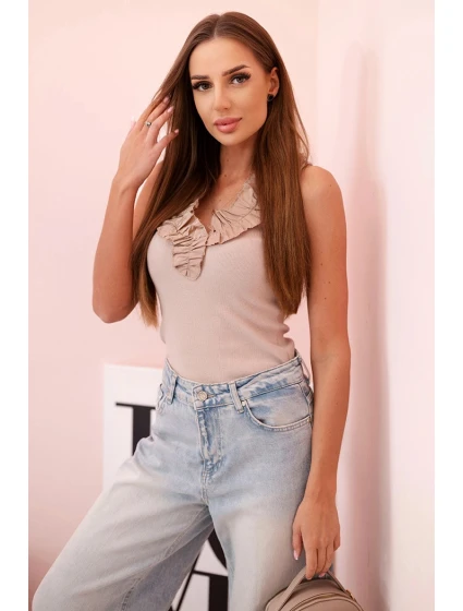 Dámská model 21222175 blůza s volánem u výstřihu pruhovaná béžová - K-Fashion