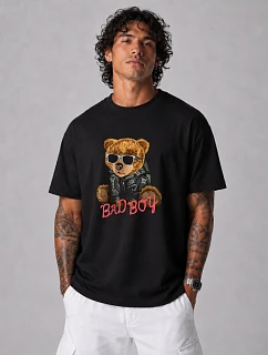 Pánské tričko oversize s potiskem medvídka černé FashionStreet NX1012R