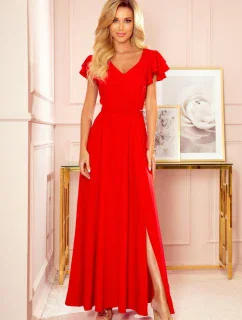 Dlouhé červené dámské šaty s volánky a dekoltem model 21729063 - numoco