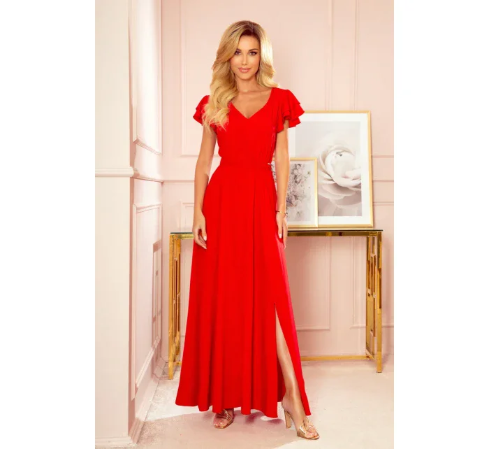 310-2 LIDIA dlouhé šaty s výstřihem a volánky - ČERVENÉ