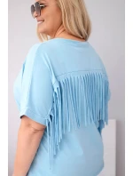 Dámská bavlněná halenka s výstřihem do V a s třásněmi na zádech modrá