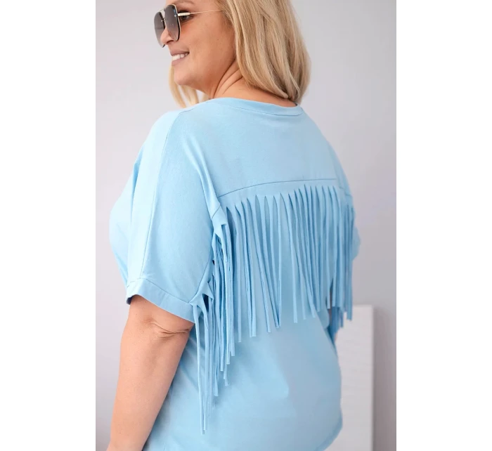 Dámská bavlněná halenka s výstřihem do V a s třásněmi na zádech modrá