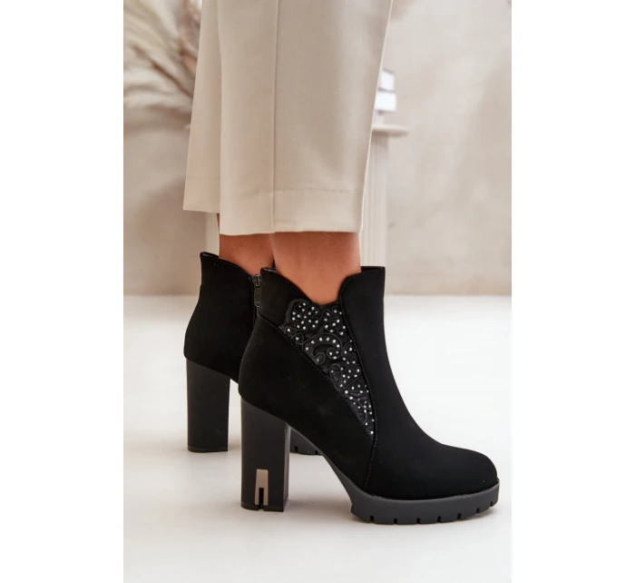 Zateplené dámské boty na vysokém podpatku s výšivkou černé model 21669227 - Boto