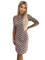 Béžové dámské šaty s černým vzorem a se zlatými zipy model 18910592 - numoco Béžové dámské šaty s černým vzorem a se zlatými zipy model 18910592 - numoco