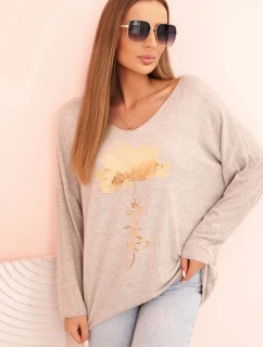 Dámská blůza z viskózy s dlouhým rukávem a zlatým květinovým potiskem béžový melír