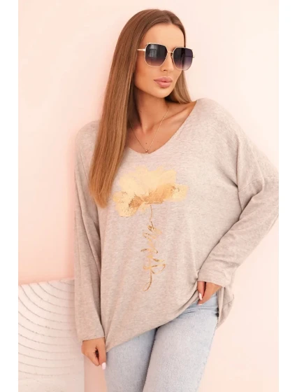 Dámská blůza z viskózy s dlouhým rukávem a zlatým květinovým potiskem béžový melír Dámská blůza z viskózy s dlouhým rukávem a zlatým květinovým potiskem béžový melír