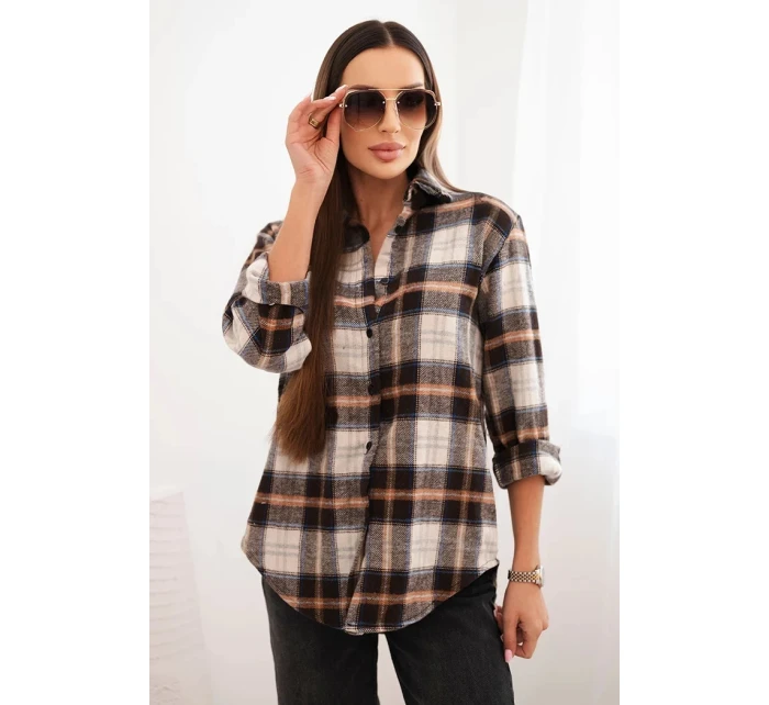 Dámská košile z bavlny s delším zadním dílem károvaná hnědá + béžová