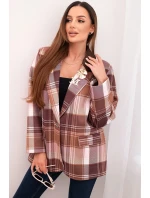 Dámská sako s model 21798611 vzorem a ozdobnou broží a dlouhým rukávem hnědá - K-Fashion