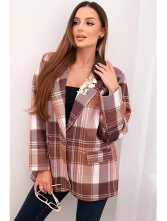 Dámská sako s model 21798611 vzorem a ozdobnou broží a dlouhým rukávem hnědá - K-Fashion