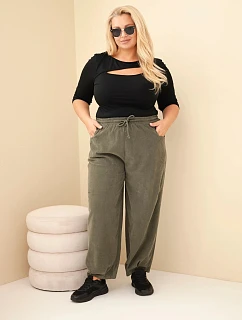 Dámské kalhoty bavlněné Plus Size manšestrové s gumou v pase a kapsami khaki
