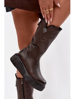 Dámské kožené kozačky s vlnou model 21714307 čokoládové - Zazoo