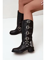 Dámské kožené kozačky na nízkém podpatku s přezkami Big Star model 22349500 Černé - Big Star Shoes Dámské kožené kozačky na nízkém podpatku s přezkami Big Star model 22349500 Černé - Big Star Shoes