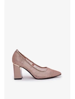 Dámské síťované lodičky na podpatku s ozdobou Vinceza – béžové