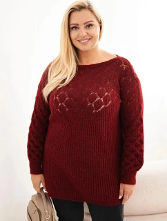 Dámský svetr Plus Size z pleteniny průduchový s dlouhým rukávem bordó