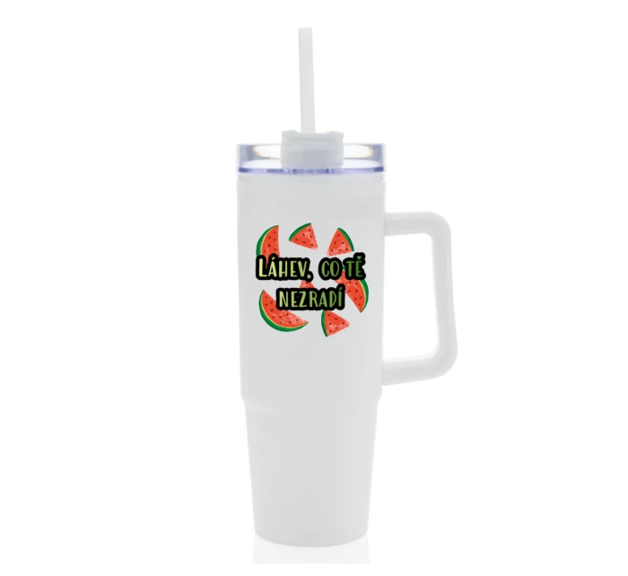 Personalizovaná termoska s průhledným víčkem s ovocem a textem 