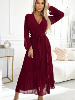 Dámské plisované šifonové šaty ve vínové barvě s výstřihem, dlouhými rukávy a páskem pro zavazování model 21310318 - numoco basic