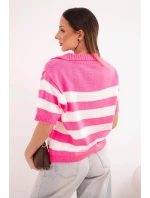 Dámský pruhovaný svetr s límečkem a krátkým rukávem neonově růžový Dámský pruhovaný svetr s límečkem a krátkým rukávem neonově růžový