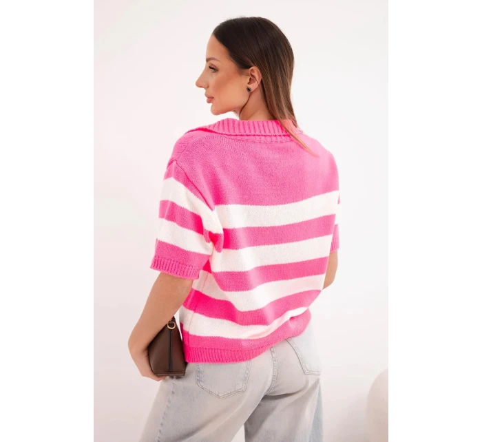 Dámský pruhovaný svetr s límečkem a krátkým rukávem neonově růžový Dámský pruhovaný svetr s límečkem a krátkým rukávem neonově růžový