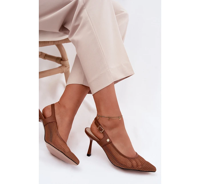 Kožené Síťované Dámské Sandály Lodičky Na Podpatku model 22123163 Hnědé - Maciejka