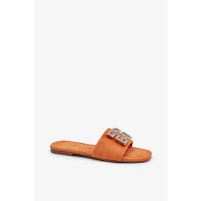 Dámské pantofle na plochém podpatku se zdobením, oranžová vložka