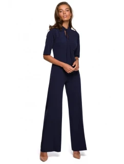 Dámský elegantní overal se zavazováním za krkem S243 tmavě modrý - Stylove