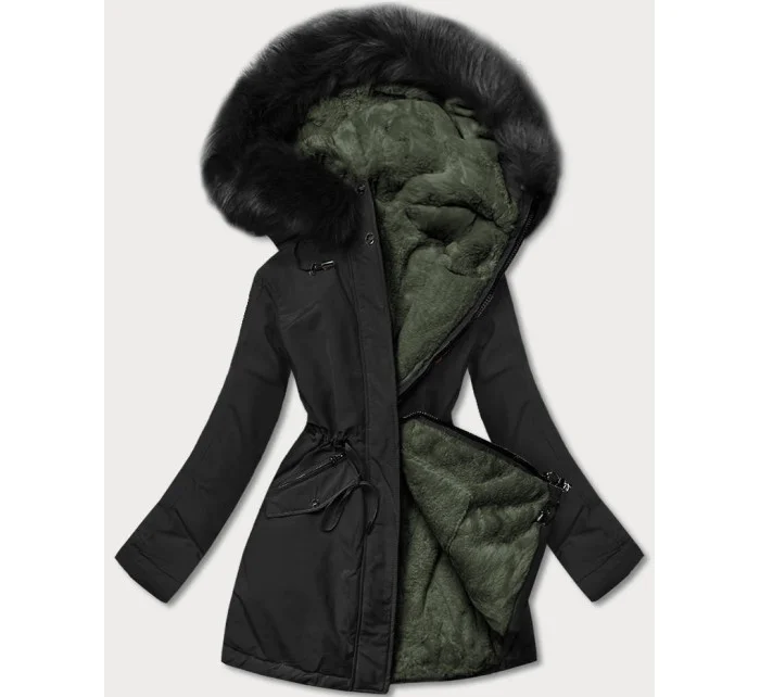 Černá/khaki teplá oboustranná dámská zimní bunda (w610)