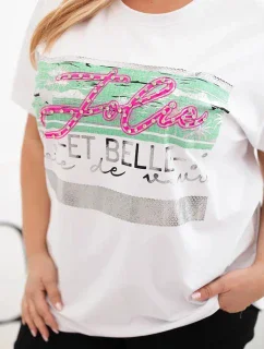 Dámská halenka Plus Size s flitrovým nápisem bílá + zelená